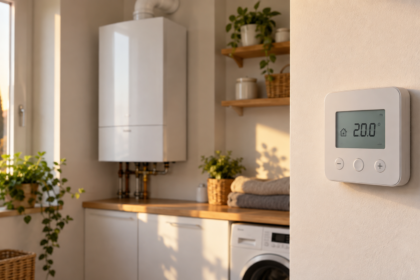 Caldaia chiusa accanto a un termostato digitale in un ambiente domestico ordinato