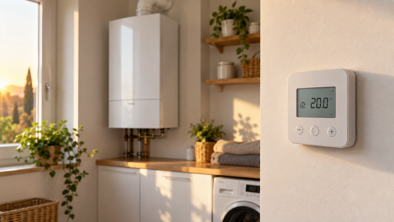Caldaia chiusa accanto a un termostato digitale in un ambiente domestico ordinato
