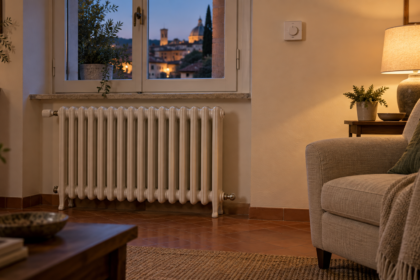 Soggiorno con radiatore integro e termostato a parete durante una normale serata domestica