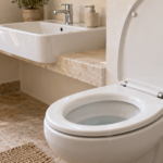 WC bianco con acqua visibile nella tazza e lavabo vicino in un bagno domestico