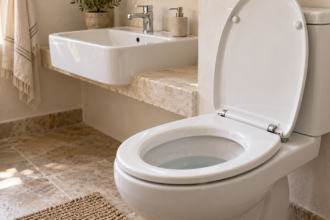 WC bianco con acqua visibile nella tazza e lavabo vicino in un bagno domestico
