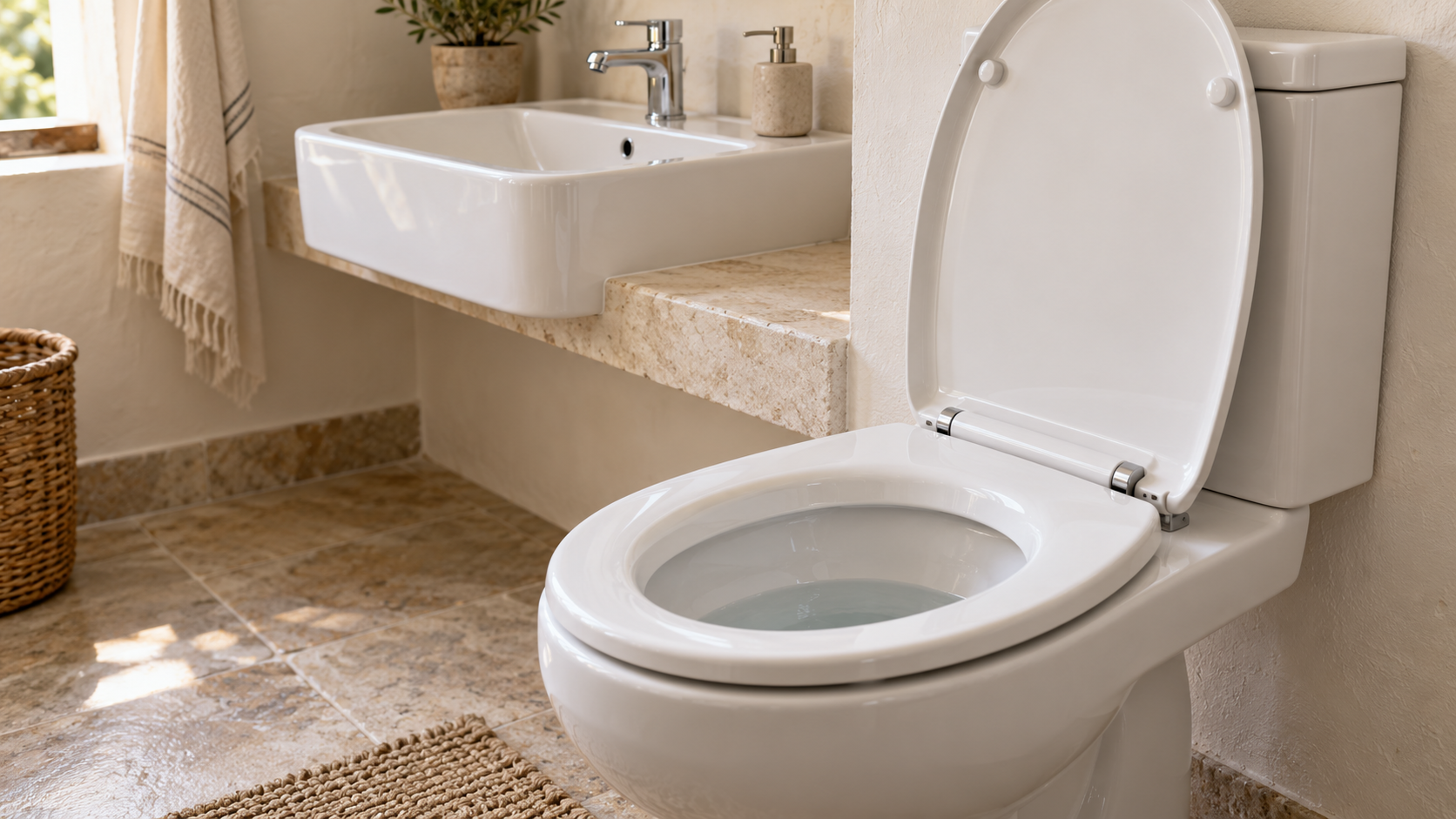 WC bianco con acqua visibile nella tazza e lavabo vicino in un bagno domestico