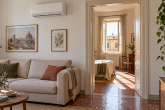Soggiorno con climatizzatore e porta aperta verso una camera adiacente illuminata dal sole