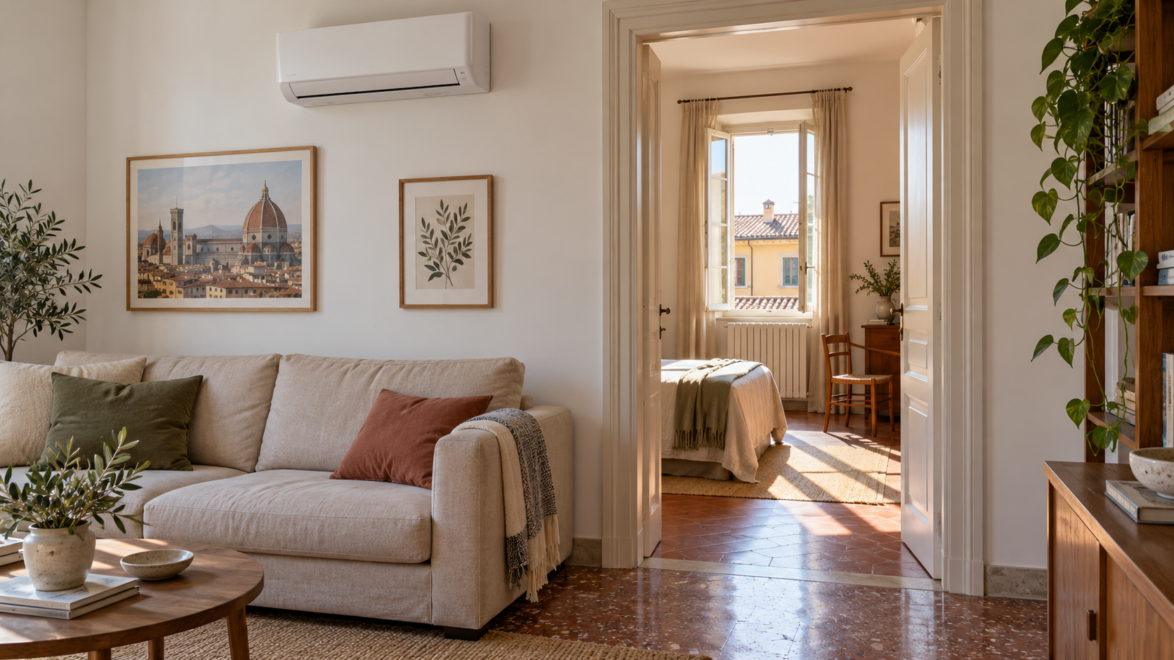 Soggiorno con climatizzatore e porta aperta verso una camera adiacente illuminata dal sole